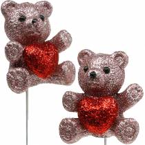 Artikel Decoratieve plug beer met hartje, Valentijnsdag, flower plug glitter 9st