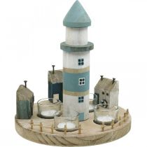 Artikel Lighthouse theelichthouder blauw, wit 4 theelichtjes Ø25cm H28cm