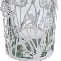 Lantaarn met paardebloemen, tafeldecoratie, zomerdecoratie shabby chic zilver, wit H10cm Ø8.5cm