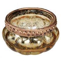 Artikel Theelichtje glas champagne antiek goud met metalen rand Ø6cm H3,5cm