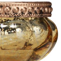 Artikel Theelichtje glas champagne antiek goud met metalen rand Ø6cm H3,5cm