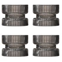 Artikel Theelichthouder glas decoratief geribbeld grijs getint Ø9cm H7cm 4 st