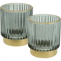 Lantaarn glas geribbelde theelichthouder goud/grijs H8cm 2st