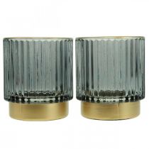 Lantaarn glas geribbelde theelichthouder goud/grijs H8cm 2st