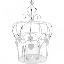 Waxinelichthouder kroon met hartjes shabby chic wit Ø14cm H22cm