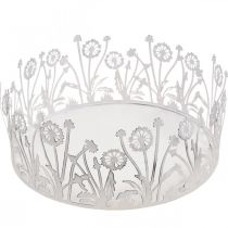 Artikel Decoratief dienblad met paardebloemen, metalen decoratie voor de lente wit, zilver shabby chic Ø25cm H10.5cm