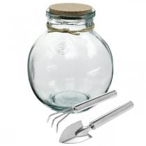 Flessentuinset glas met kurken deksel en gereedschap Ø21cm H25cm