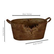 Artikel Ovale metalen schaal met handvatten, hertenmotief, roestkleurige afwerking, 36 cm