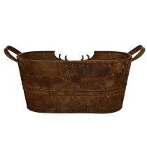 Artikel Ovale metalen schaal met handvatten, hertenmotief, roestkleurige afwerking, 36 cm