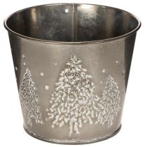 Artikel Metalen plantenbak met glinsterende dennenboompjes, 13 cm