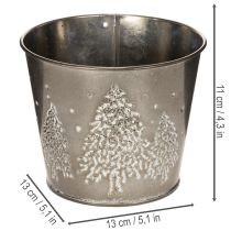 Artikel Metalen plantenbak met glinsterende dennenboompjes, 13 cm