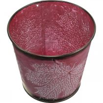 Artikel Sierpot om op te planten, blikken emmer, metalen decoratie met bladpatroon wijnrood Ø14cm H12.5cm