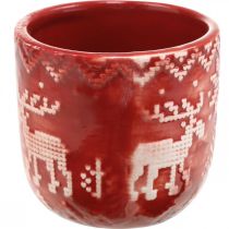 Keramische decoratie met rendieren, adventsdecoratie, plantenbak met Noors patroon rood / wit Ø7.5cm H7cm 6st