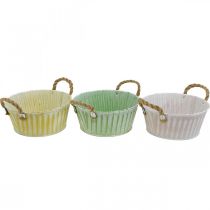 Artikel Metalen plantenschaal, bloemschaal, plantenpot met handvatten roze/groen/geel shabby chic Ø22cm H9.5cm set van 3