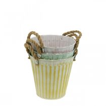 Artikel Plantenemmer, metalen pot met handvatten, decoratieve plantenbak roze/groen/geel shabby chic Ø12cm H10cm set van 3