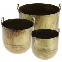 Antiek look bloempot bloempot met metalen handvatten H17 / 19,5 / 26cm, set van 3
