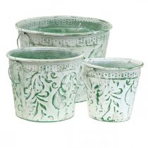 Metalen potten met handvatten, plantenbakken met reliëf wit, groen shabby chic H20.5/18.5/16cm Ø25.5/20.5/15.5cm set van 3