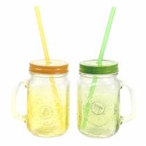 Drinkglas met deksel en rietje assorti Ø7cm H13.5cm 2st