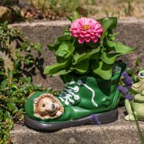 Artikel Plantenbak decoratie, groene schoen met egel, keramiek 14x13cm H13cm