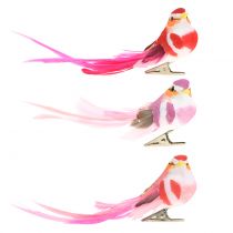 Vogel op clip roze, roze 15cm 12st