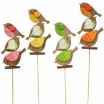 Voorjaarsdecoratie vogels met houten stok assorti H10,5cm 12st