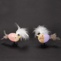Artikel Decoratieve houten vogel met veren en een kleurrijk lijfje voor tafeldecoratie, 10 cm, 6 stuks