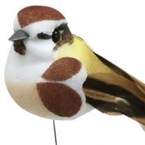 Lentedecoratie, vogels aan een draad, kunstvogel bruin, wit H3cm 12st