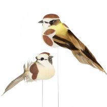 Lentedecoratie, vogels aan een draad, kunstvogel bruin, wit H3cm 12st