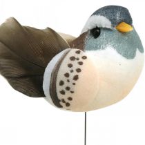 Vogeldecoratie, vogels op draad, veerdecoratie blauw, bruin H3.5cm 12st