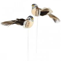 Vogeldecoratie, vogels op draad, veerdecoratie blauw, bruin H3.5cm 12st