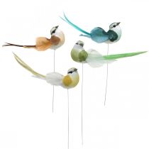 Decoratieve vogels, lentedecoratie, vogels met veren, zomer, vogels op draad, kleurrijk H3.5cm, 12 stuks