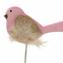 Decoratieve plug vogel hout groen, roze, geel, oranje assorti 7cm x 4cm H24cm 16st