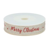 Artikel Kerstlint Merry Christmas naturel rood linnen 25mm 15m