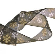 Kerstlint organza sneeuwvlokken zwart goud 40mm 15m