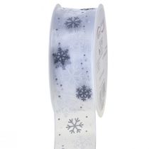 Kerstlint organza sneeuwvlokken wit grijs 40mm 15m