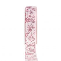 Decoratief lint roze met kerstmotief 25mm 18m