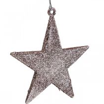 Kerstdecoratie ster hanger roze glitter 10cm 12st