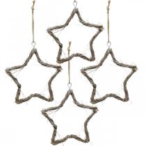 Kerstdecoratie ster iep sterren om op te hangen white wash 20cm 4st