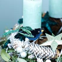 Artikel Kerstdecoratie merel met clip blauw, glitter assorti 3st