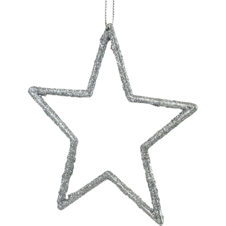 Artikel Kerstdecoratie sterhangers, zilveren glitter, 12cm, 12 stuks, kerstboomversiering, kerstboomversieringen