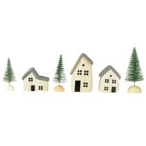 Artikel Kerstdorp houten huisjes sparren groen en wit 5-8 cm set van 6