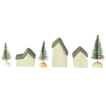 Artikel Kerstdorp houten huisjes sparren groen en wit 5-8 cm set van 6