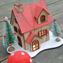 Kersthuis met LED verlichting naturel, rood hout 20×15×15cm