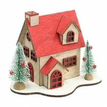 Kersthuis met LED verlichting naturel, rood hout 20×15×15cm