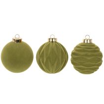 Artikel Kerstbal, fluweelachtig, groen, getextureerde mix, 8 cm, 12 stuks. Kerstbal, gevlokt mosgroen, plastic kerstballen, gevlokt mosgroen. Katoenen koordjes bij elke kerstbal.