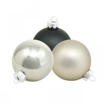 Artikel Kerstbal, kerstboomhanger, boomdecoratie zwart/zilver/parelmoer H6,5cm Ø6cm echt glas 24 st