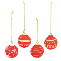 Artikel Rode hangende kerstballen van papier-maché, set van 4 (5,5 cm)