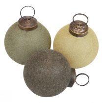 Artikel Kerstballen, glas, geflockt, geel/groen/grijs, Ø6cm, 3 stuks