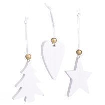Artikel Kerstversieringen, houten ster, boom, hart, 6 stuks, witte en gouden decoratieve hangers