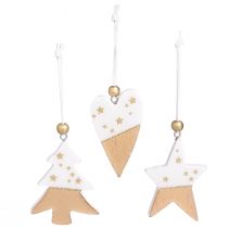 Artikel Kerstversiering, houten ster, boom, hart, 6 stuks, witte en gouden decoratieve hangers